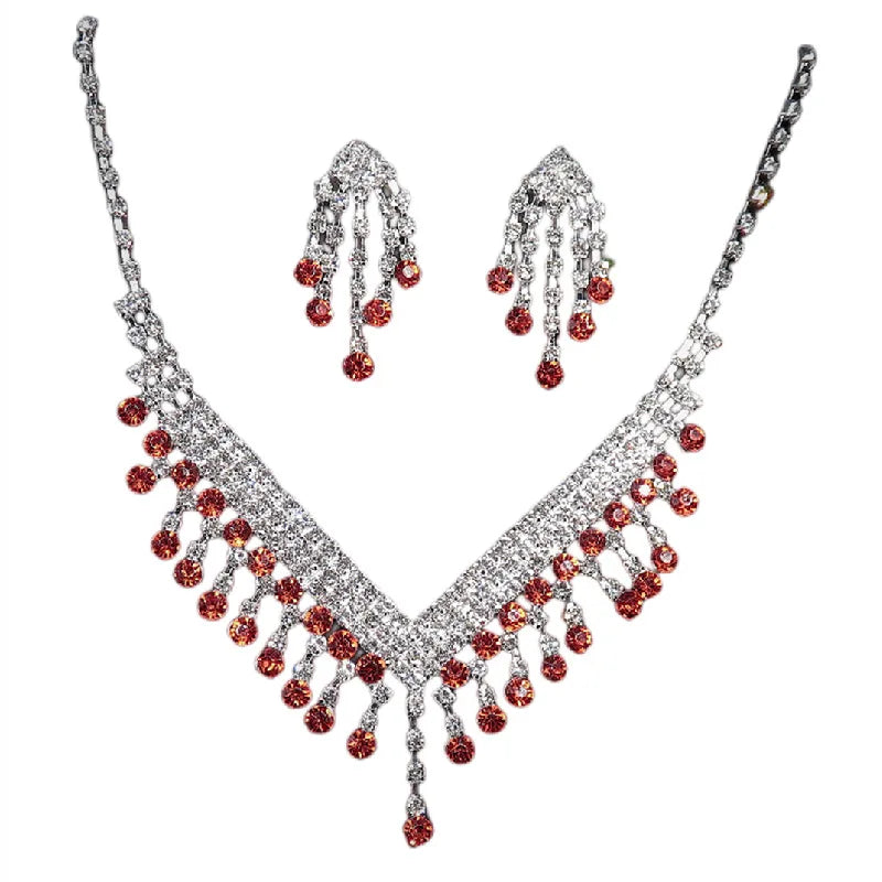Colored Rhinestone Necklace Earrings Sets Bridal Fashion Jewelry Accessories Women's Electroplated Necklace