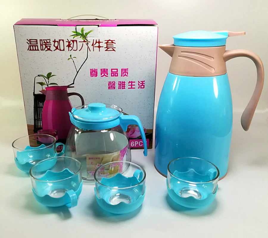 Set of 6 Pots and Cups with Thermos Glass Liner Tea & Coffee Insulation Drinkware