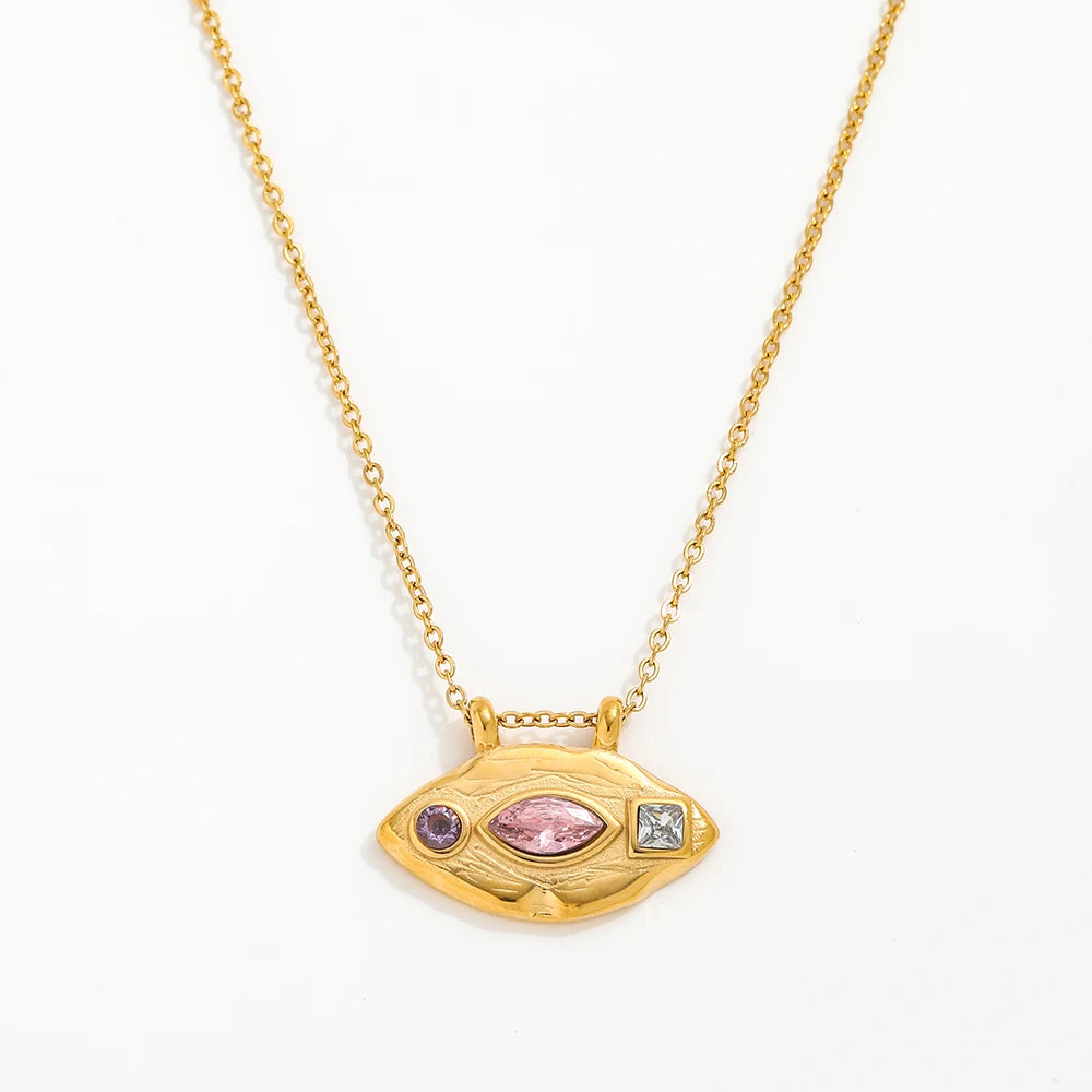 Fenny 18K Gold Plated Fashion Purple Round Clear Square Pink Zirconia Eye Lip-shaped Pendant Stainless Steel Jewelry Wholesale