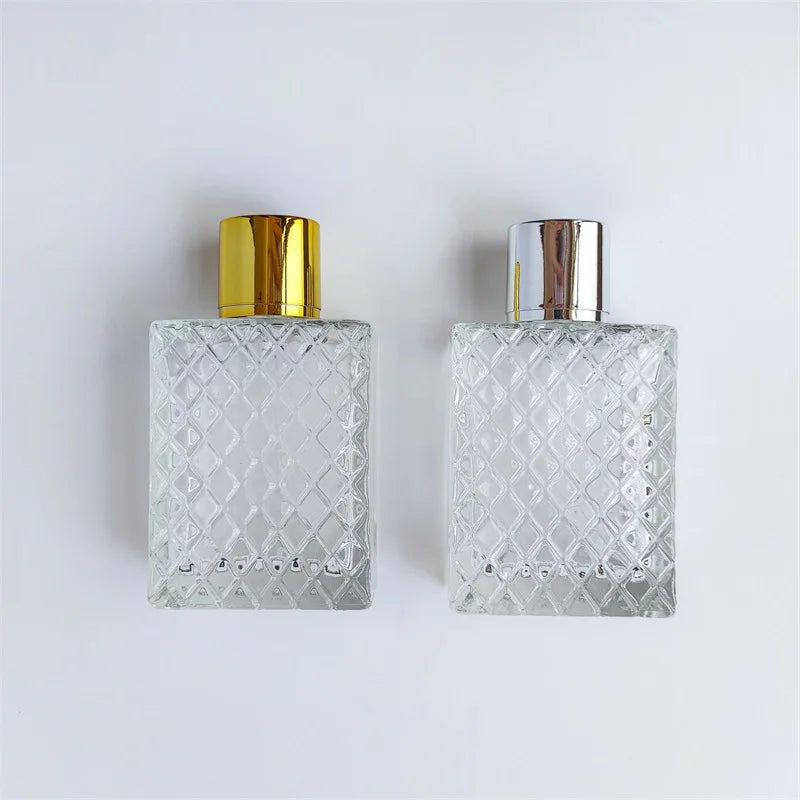 Custom 50ml 100ml Square Transparent Glass Perfume Bottles Hot Stamping Eco-friendly Recyclable Pump Sprayer Sealing Cap