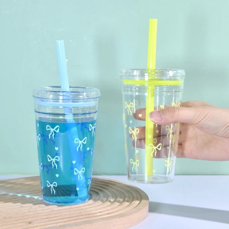 New 450ml Tumbler Cup Single Wall Tumbler Reusable Plastic Coffee Mug with Lids and Colored Straw