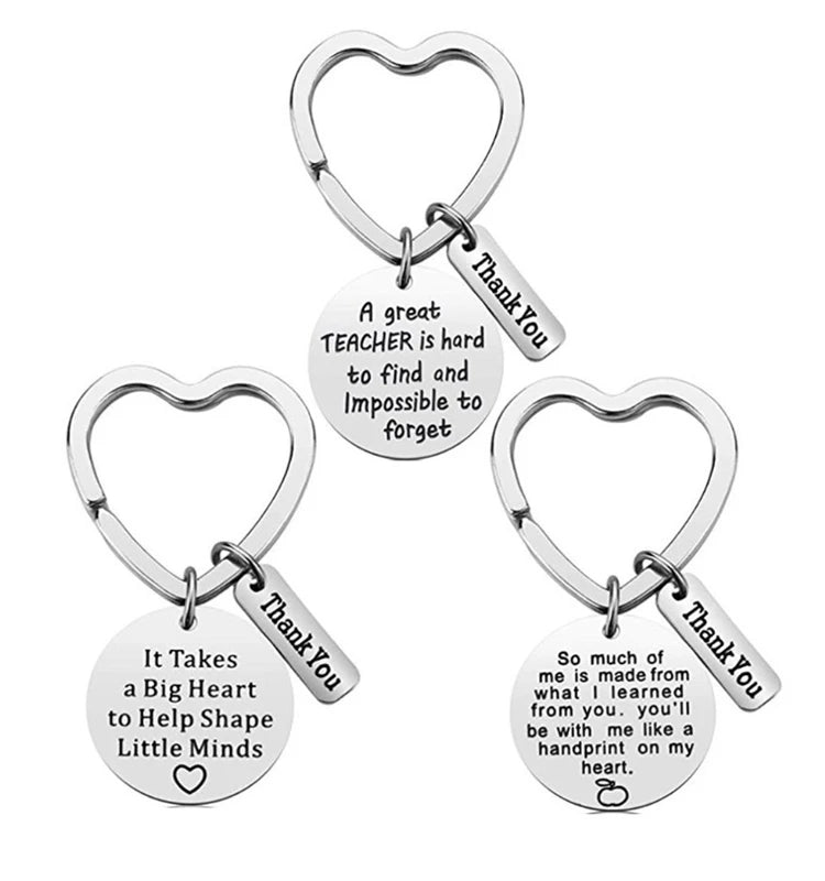 Stainless Steel Teacher Gift Key Ring Heart Shaped Charm Keychain for Teachers Day Appreciation Gift Keyring