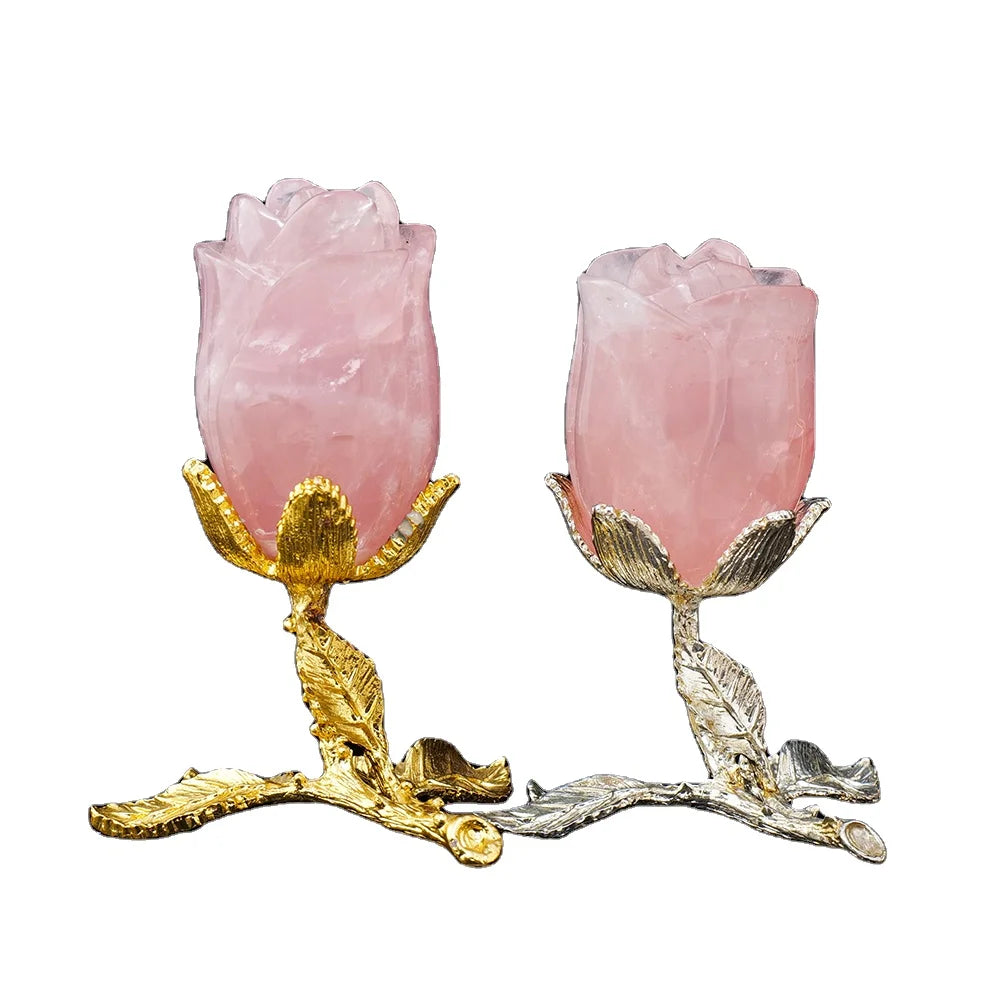 Wholesale Natural Rose Quartz Roses Flower Healing Stone Carved Crystal Crafts Gemstone Gifts