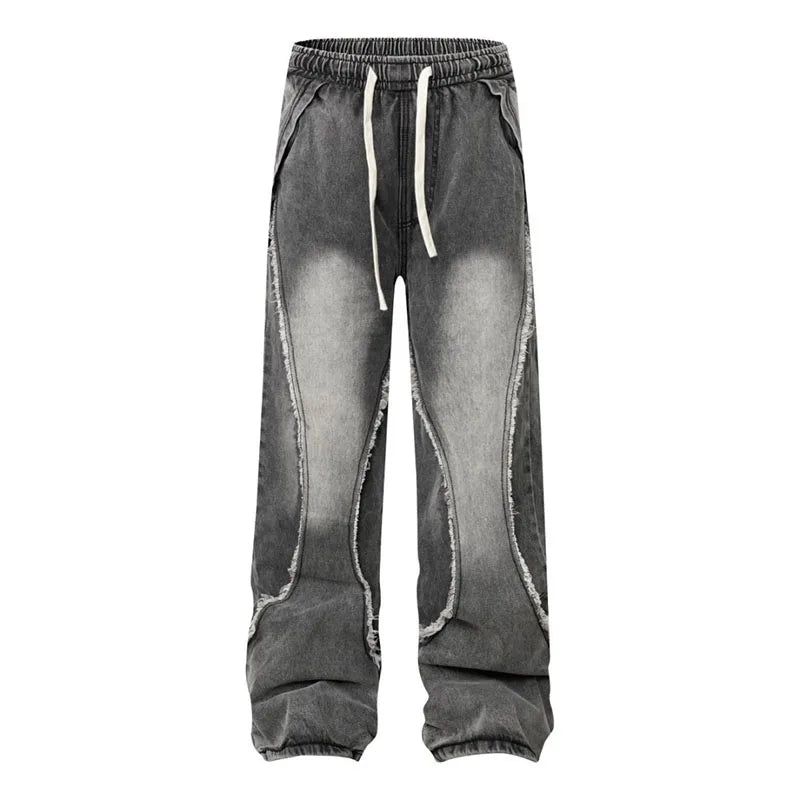 Men Fashion Jeans American Retro Washed Distressed Patchwork Drawstring Same Gender Designrock Revival Jeans