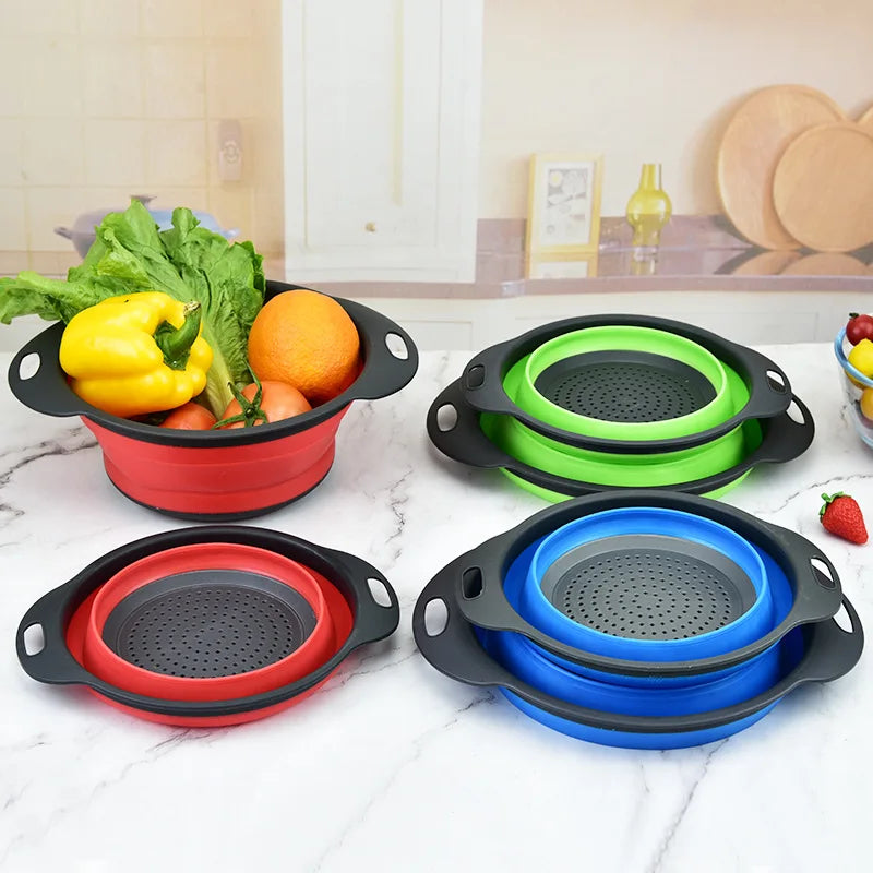 Multiple Color Foldable Silicone Strainer Colander Kitchen Fruit Vegetables Collapsible Basket for Washing Durable & Easy Clean