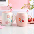Korean Flower Pink Ceramic Coffee Mug Cup With Lid and Spoon Large Customized Logo Cups