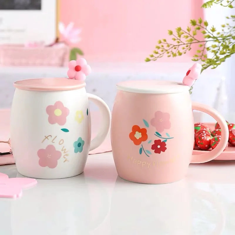 Korean Flower Pink Ceramic Coffee Mug Cup With Lid and Spoon Large Customized Logo Cups