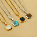 Fashion Chic Stainless Steel Square Shell Turquoise Stone Pendant Necklace Jewelry for Men Women