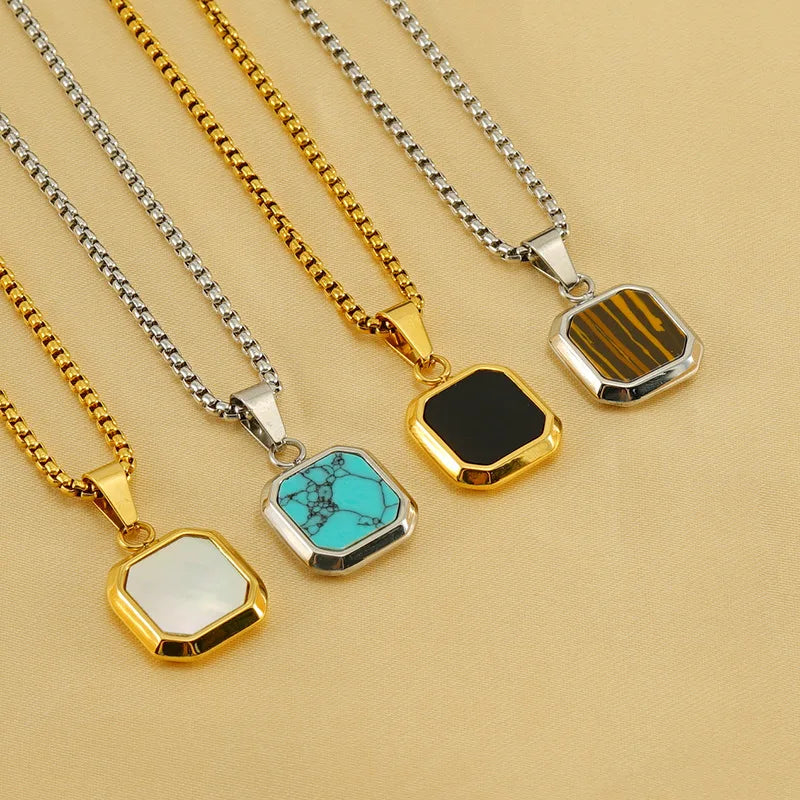 Fashion Chic Stainless Steel Square Shell Turquoise Stone Pendant Necklace Jewelry for Men Women