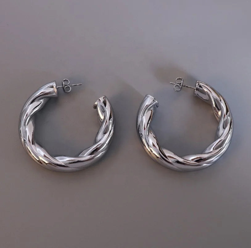 Women Stainless Steel 18K Gold Plating Hiphop Large Thick Braided Empty Hoop Earrings
