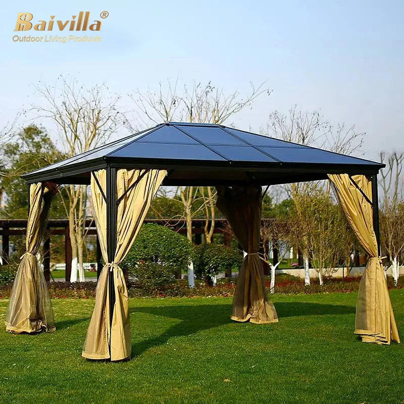 Baivilla PC Hard Top Sun Resistant Aluminum Metal Garden Gazebo with Mosquito Netting PVC Material for Balcony Use