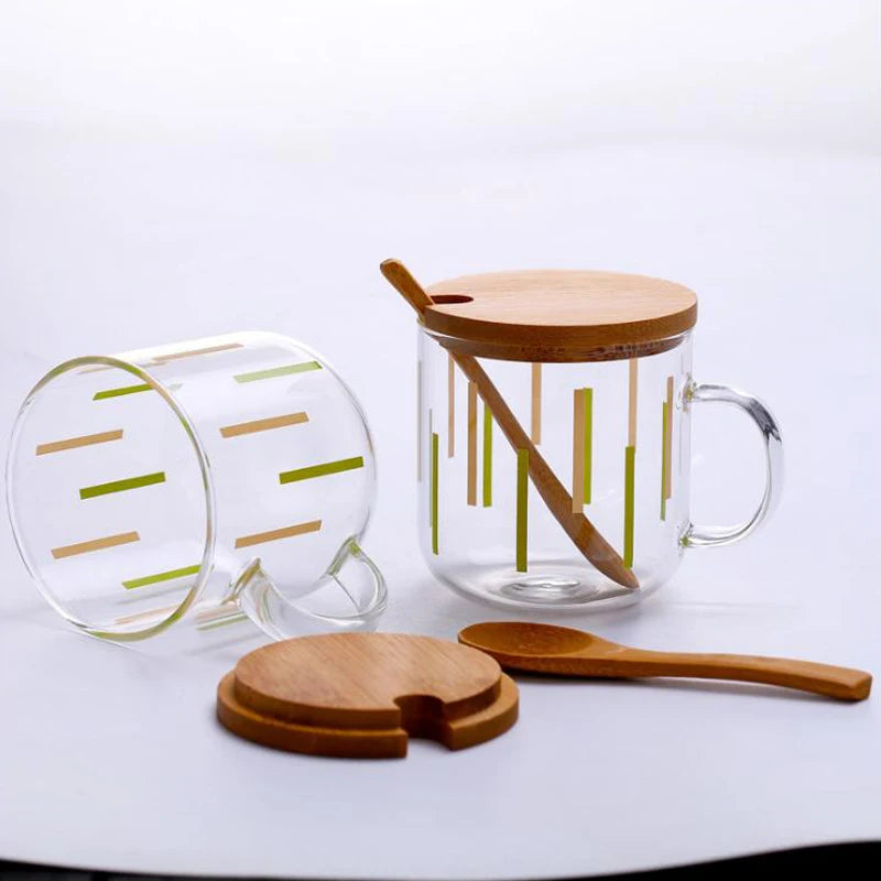 Manufacture Logo Custom Coffee Milk Tea Glass Cup Single Wall Glass Mug With Wooden Lid Custom
