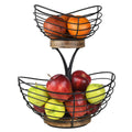 2-Tier Vintage Wire Wood Fruit Basket for Kitchen Counter Hook-Type Fruit Bowl Stand for Kitchen Countertop Decor Food Storage