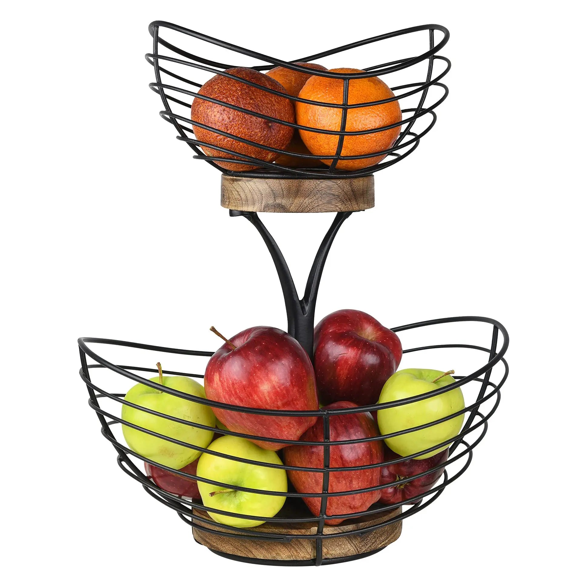 2-Tier Vintage Wire Wood Fruit Basket for Kitchen Counter Hook-Type Fruit Bowl Stand for Kitchen Countertop Decor Food Storage