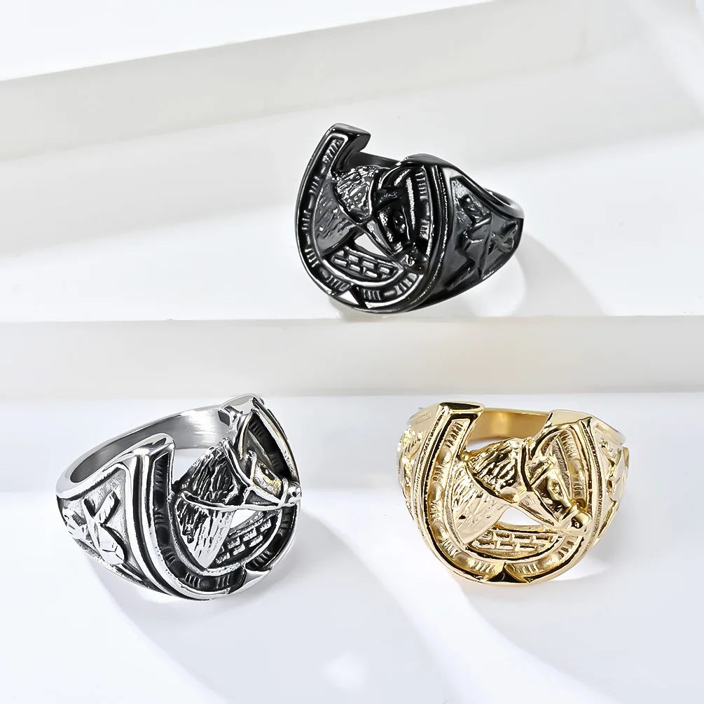 U-shaped Stainless Steel Signet Ring 18K Gold Plated Horseshoe Shaped Vintage Horse Head Ring Men's Jewelry