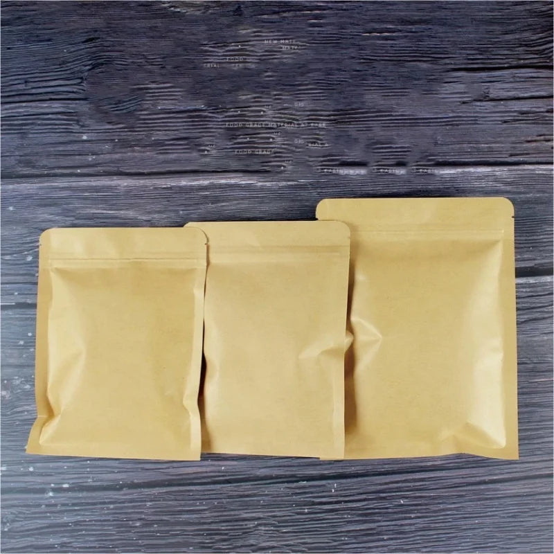 3 Side Seal Plain Brown Kraft Paper Aluminum Foil Lined Flat Heat Sealable Food Coffee Tea Packaging Pouches Bags With Zipper