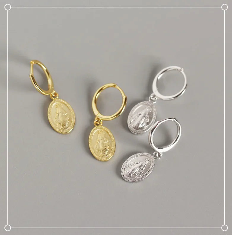 New S925 Sterling Silver Santa Maria Mother Coin Design European and American Layered Fashionable Ins Style Earrings