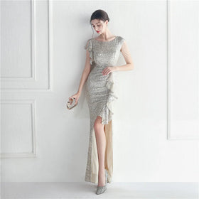 19735# Spot Ruffled Craft Beaded Celebrity Gala Dinner Performance Long Sequin Dress