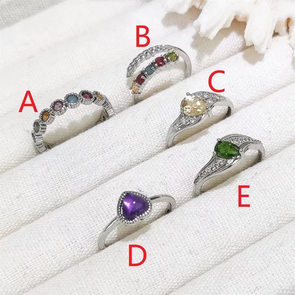 Wholesale Natural Tiny Gemstone Jewelry rainbow Tourmaline Ring Heart Amethyst Crystal Resize Green Diopside Diamond Jewelry
