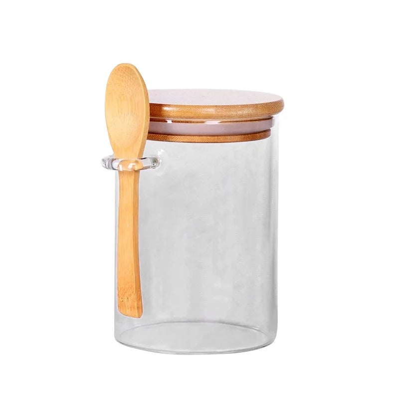 Modern Rectangle 510ml Bulk Storage Jar with Bamboo Lid and Spoon for Coffee Sugar Tea Yogurt Oat Plastic Sealed Jar