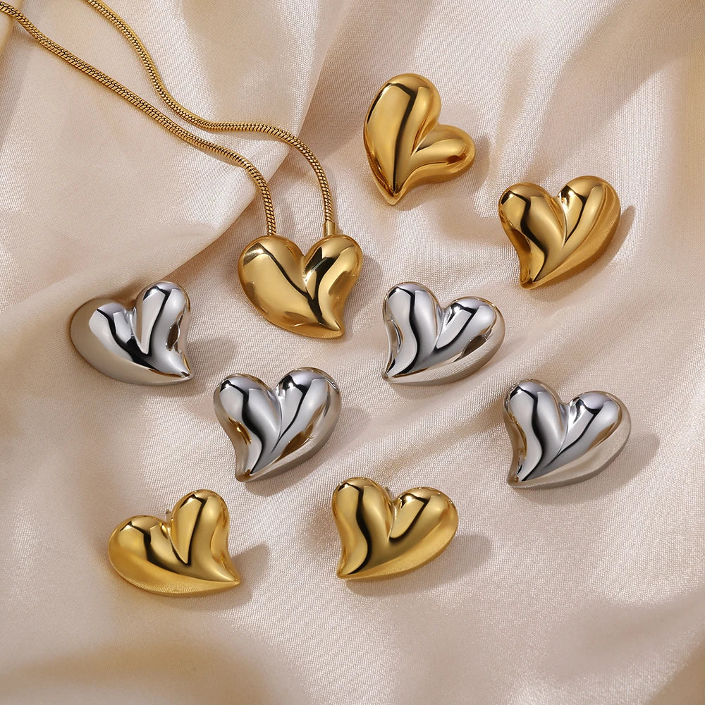 De Gold Plated Stainless Steel Heart Pendant Chain Set Heart Shape Stainless Steel Earring Tarnish Free Stainless Steel Necklace