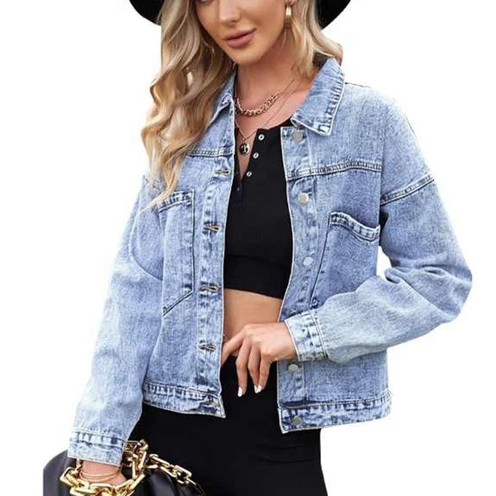 Fashion Women's Denim Jacket Casual Loose Style Washed Blue Regular Breathable Spring Woven Wholesale