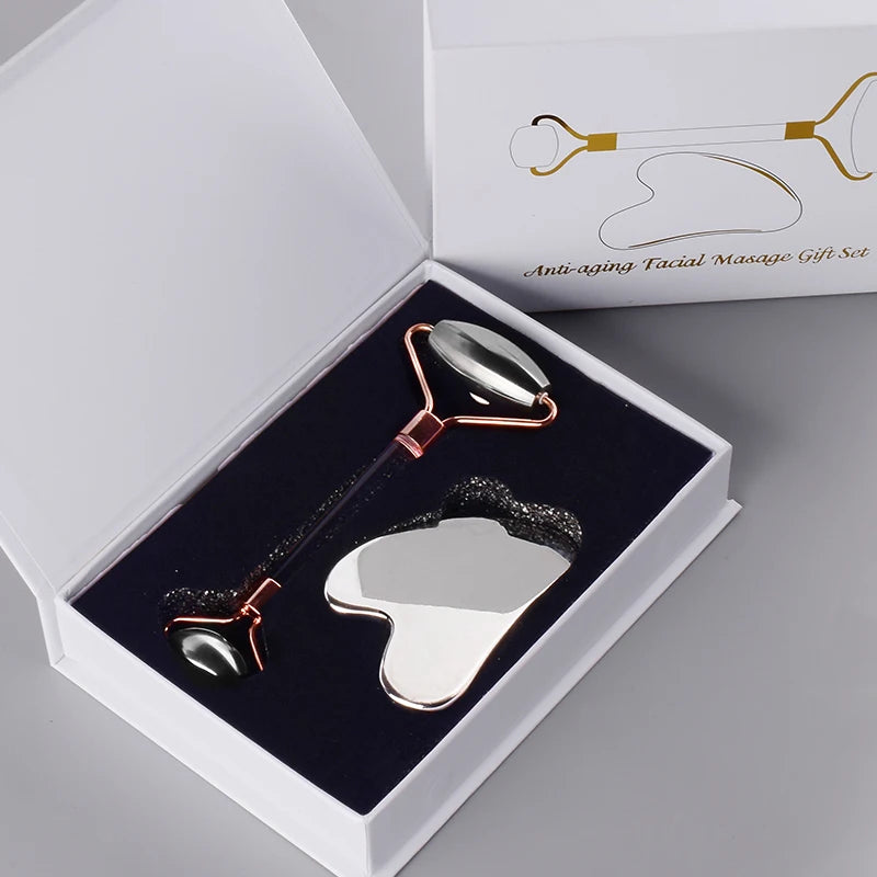 Diy Good Gift Traditional for Stainless Steel Face Stone Derma Roller Jade Skin Care Set