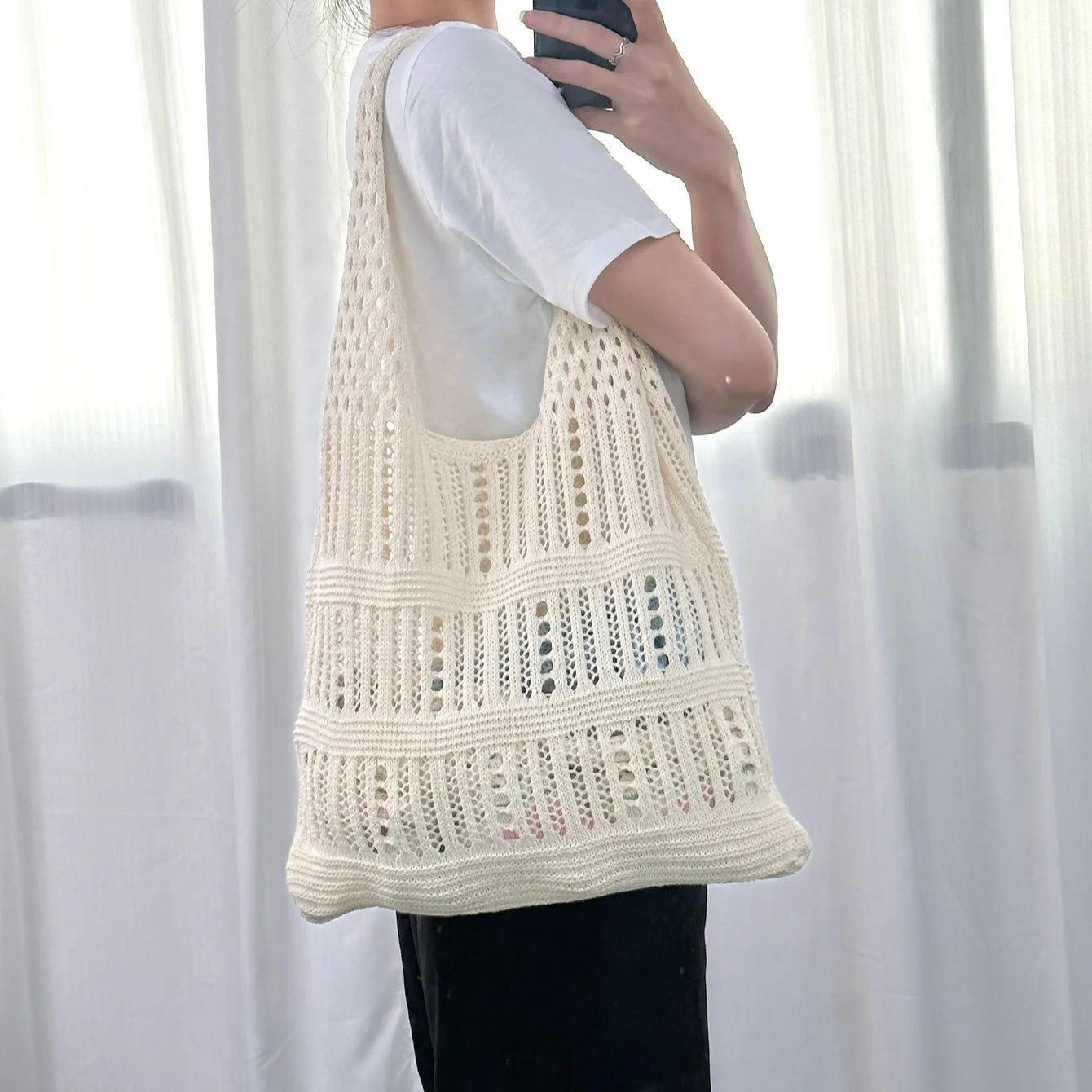 Large Capacity Bohemian Women's Beach Tote Shopping Bags New Design Solid Color Hollow Mesh Knitted Open Closure Type