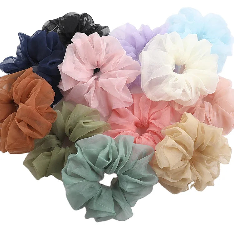 Private Label Candy Color Ponytail Accessories Solid Transparent Tulle Organizer Hair Ties Chiffon Hair Scrunchies