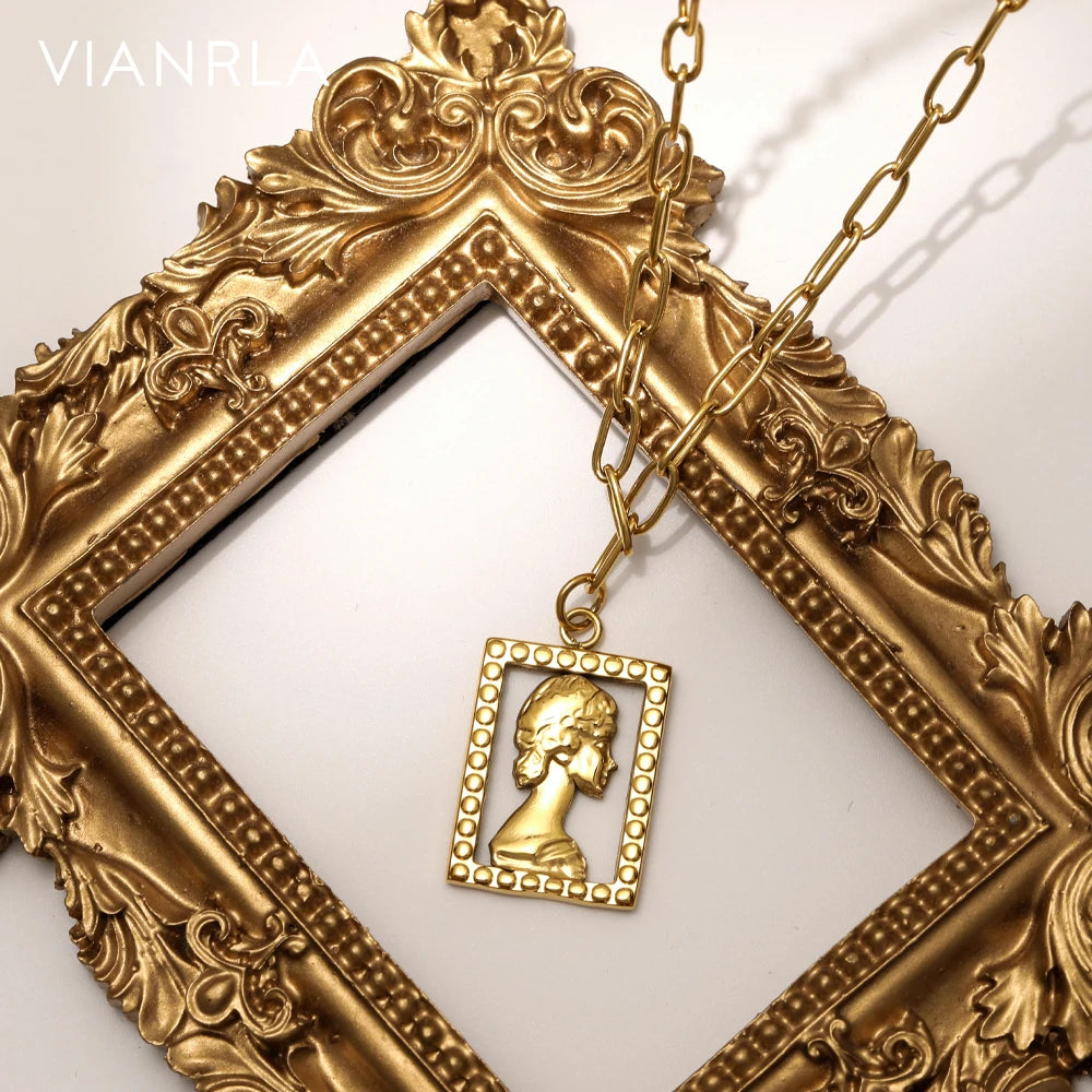 VIANRLA Goddess Pattern Hollowed Rectangular Pattern Stainless Steel Pendant Necklace 18K Gold Plated Fashion Jewelry
