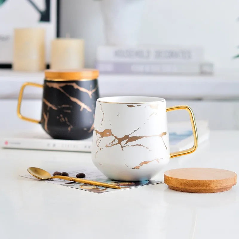 HOT SALES Nordic Marbled Matte Golden Ceramic Coffee Cup and Saucer Luxury Water Tea Milk Mug Wooden Tray Kitchen Coffee Set