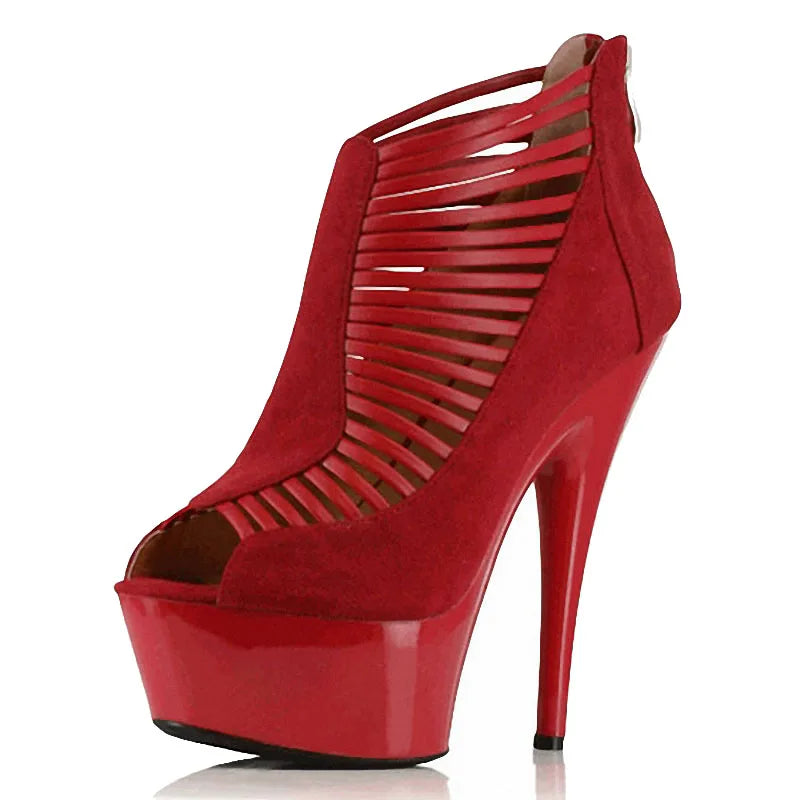Red Anti Plush Fish Mouth Thin Heel 15 cm Platform Club Banquet High Heels Women's New Large Sandals Goth Shoes