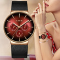 LIGE LG9936 Red Dial Stainless Steel Mesh Strap Quartz Watch Ultra-Thin Sport Waterproof Wristwatch for Men Women +gift Box