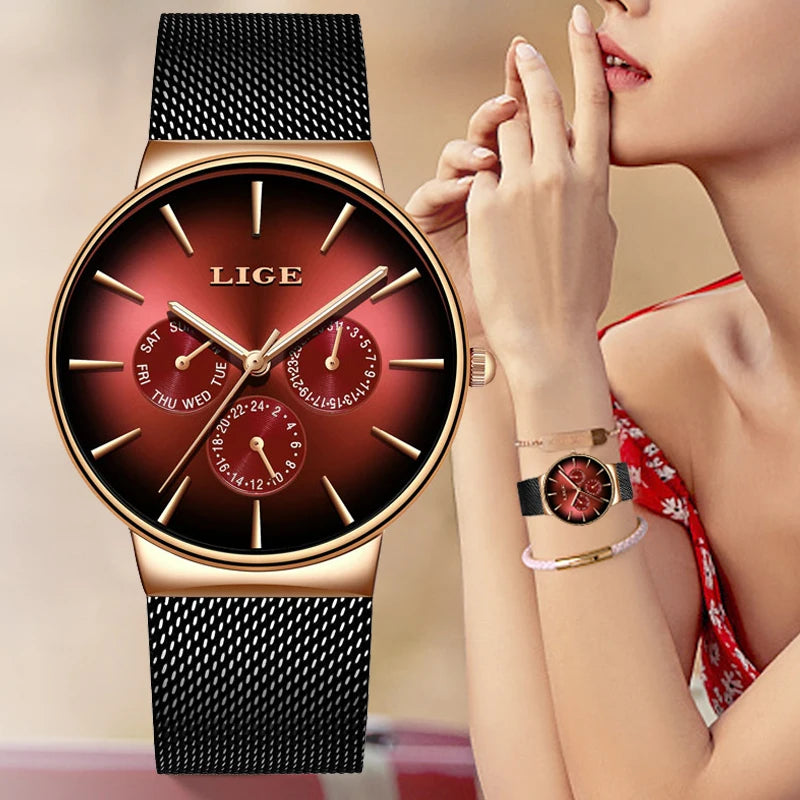 LIGE LG9936 Red Dial Stainless Steel Mesh Strap Quartz Watch Ultra-Thin Sport Waterproof Wristwatch for Men Women +gift Box