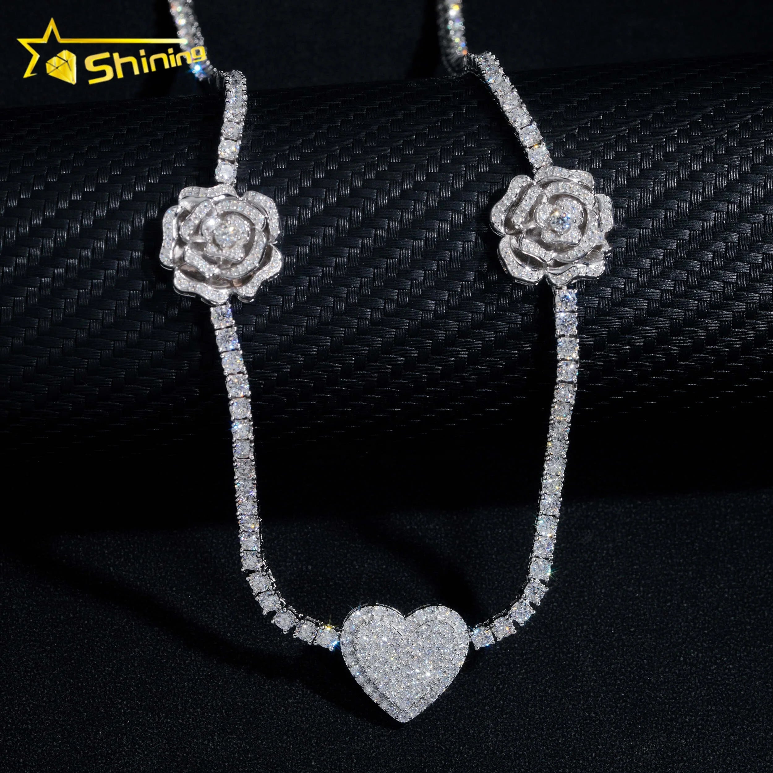 Custom Made Hip Hop 3MM Heart Flower Charm 925 Silver Moissanite Tennis Chain Necklace