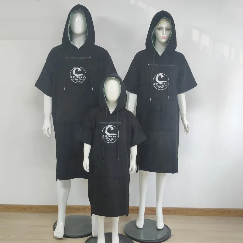 Custom Embroidery Logo Absorbent Water 100% Cotton Beach Towel Surf Poncho Hooded for Adult Kids