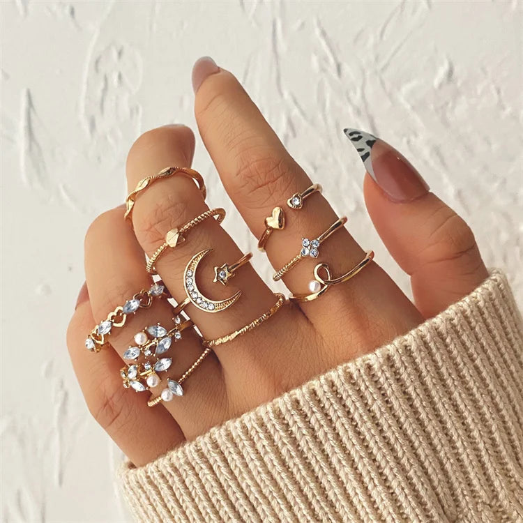 Wholesale Bohemian Vintage Wedding Festival Stars Moon  Luxury Rhinestone Crystal Stainless Steel Jewelry Ring Set for Women