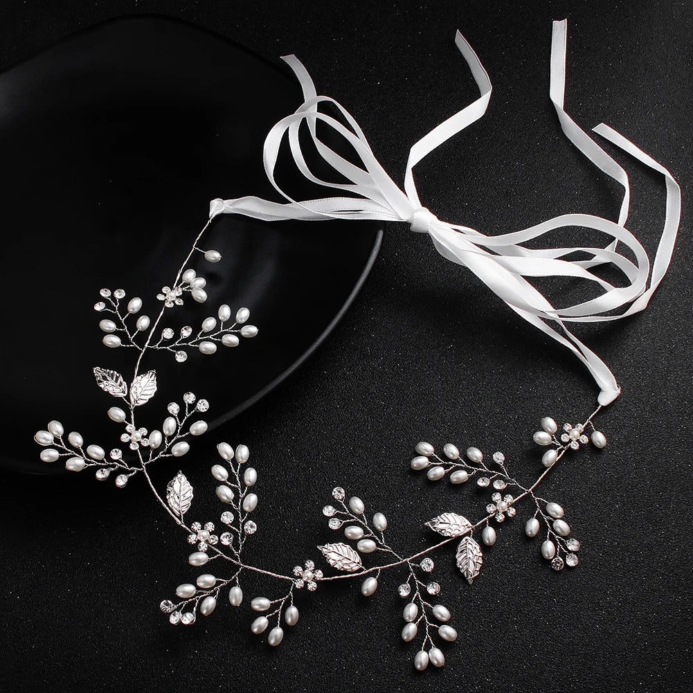 Handmade Wired Crystal Rhinestones Pearls Bridal Hair Vine with Ribbon Hairband Wedding Headband Bridesmaids Women Jewelry