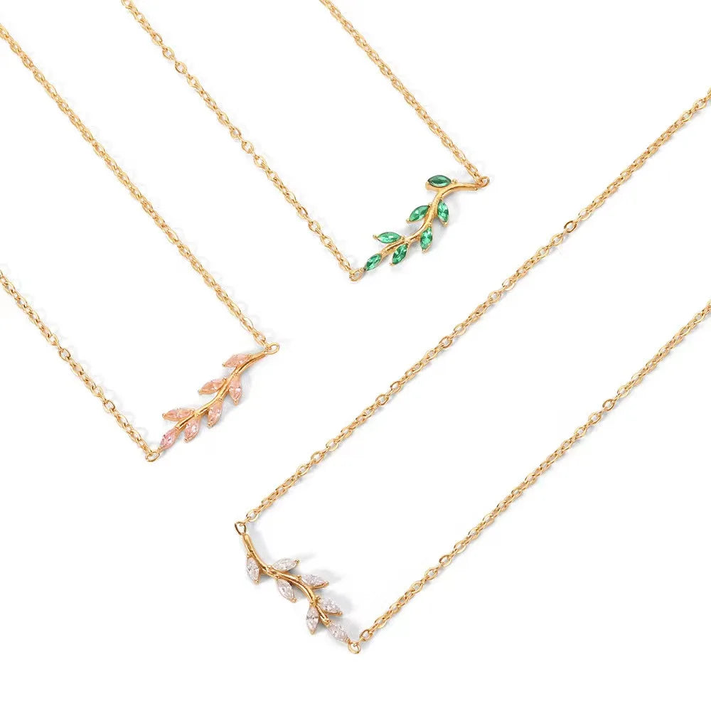 Ins Popular Diamond Charm Necklace Ladies Jewelry Stainless Steel Waterproof Green Pink Clear Cubic Zircon Leaf Pendant Necklace