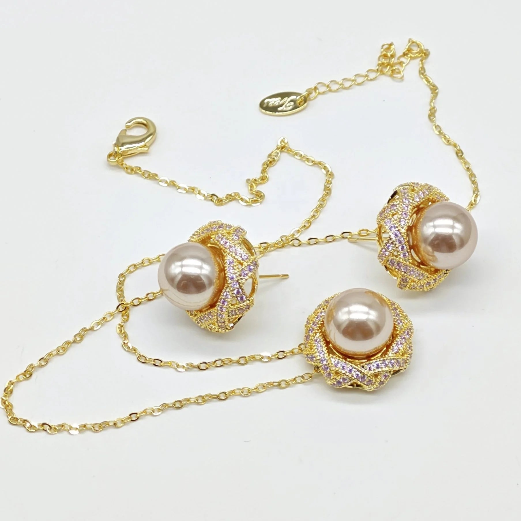 Imitation Pearl Copper 18k Gold Plated Jewelry Sets Stud Earrings Necklace Wedding Jewelry Two Piece Sets