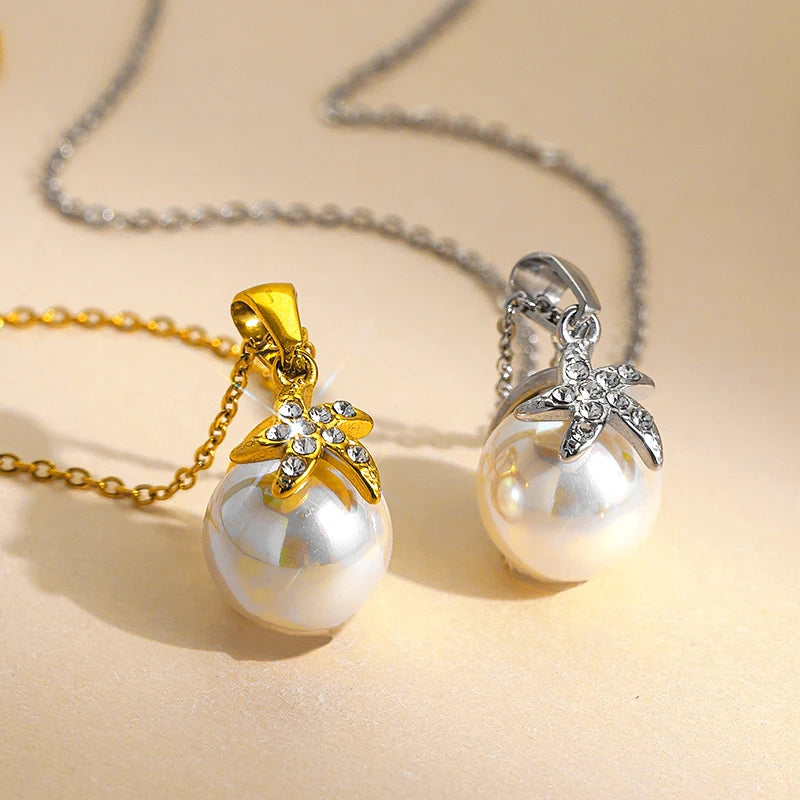 JUSNOVA Women's Elegant 18K Gold Plated Stainless Steel Fashion Pendant Necklace Featuring Star Pearl Zircon Necklace