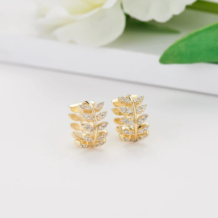 New Design Leaf Shape 14K Gold Plated Micro Pave Zircon Hoop Earrings