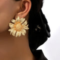 Simple Sunflower Necklace Drop Earrings Exaggerated Design Zircon Stone Metal Texture Flower Pendant Clavicle Chain Trendy Style