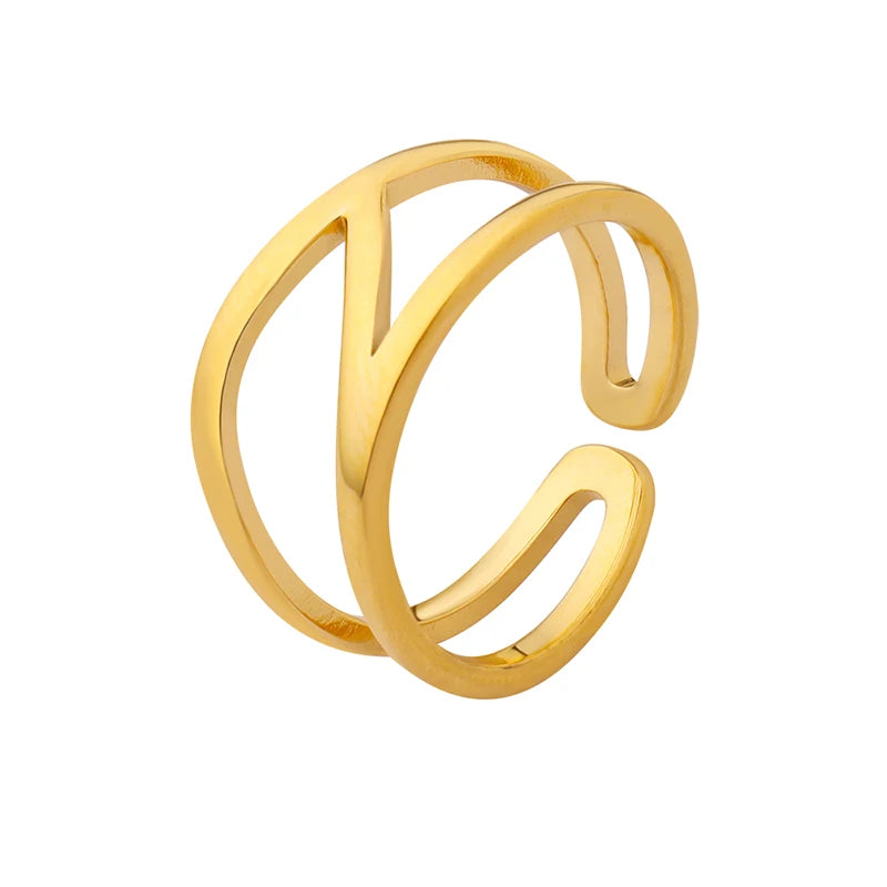 Extravagant Design Geometric Lines Interlaced Double Ring Stainless Steel Ring