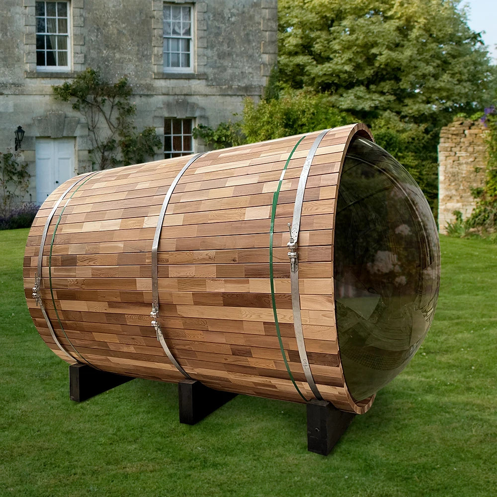Solid Wood Garden Panoramic View Barrel Outdoor Sauna with Wood Burning Stove