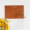 Elegance Handmade Personalized Gold Foiling Clear Acrylic Invitation Cards With Burnt Orange Envelope for Wedding Event