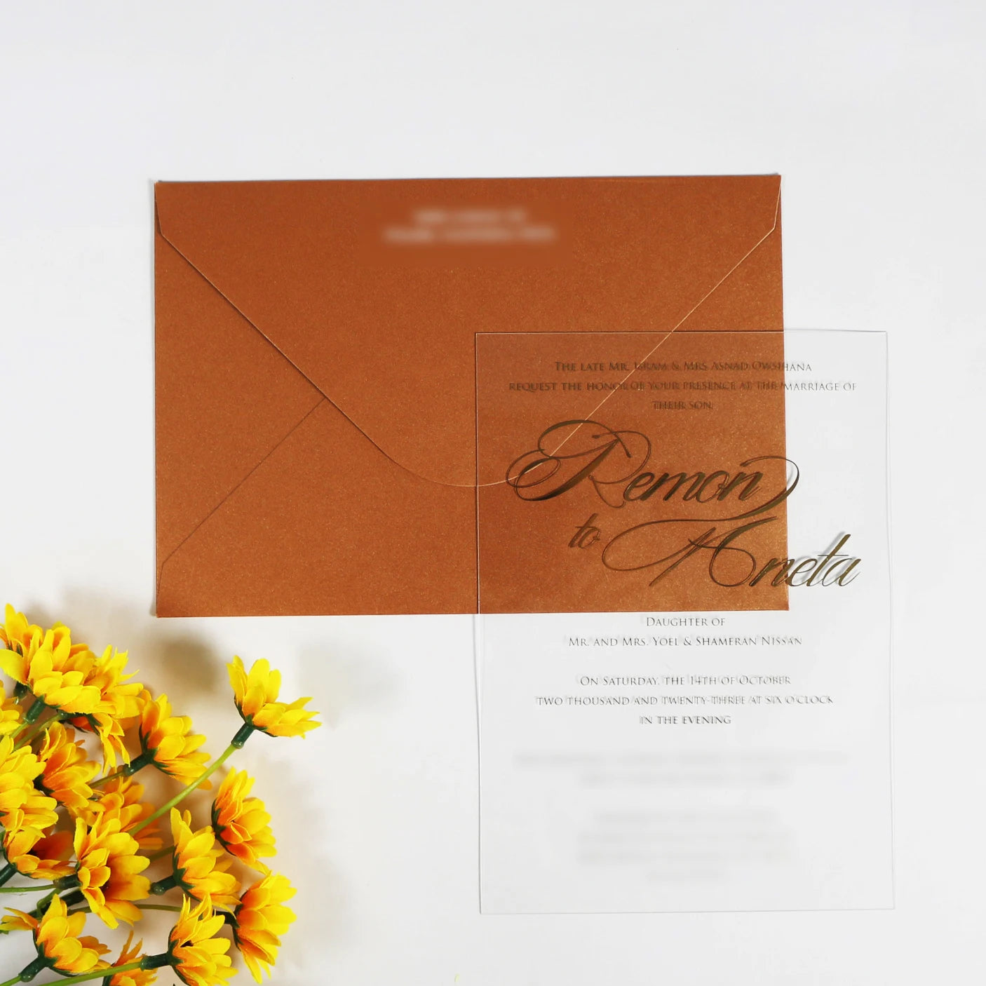 Elegance Handmade Personalized Gold Foiling Clear Acrylic Invitation Cards With Burnt Orange Envelope for Wedding Event