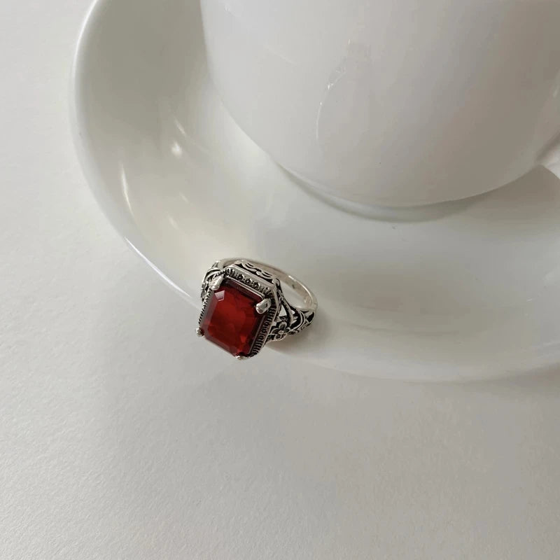 SC Retro Style Top Quality Silver Color Fashion Ring Set Women Party Wedding Jewelry Vintage Square Red Crystal Stone for Women
