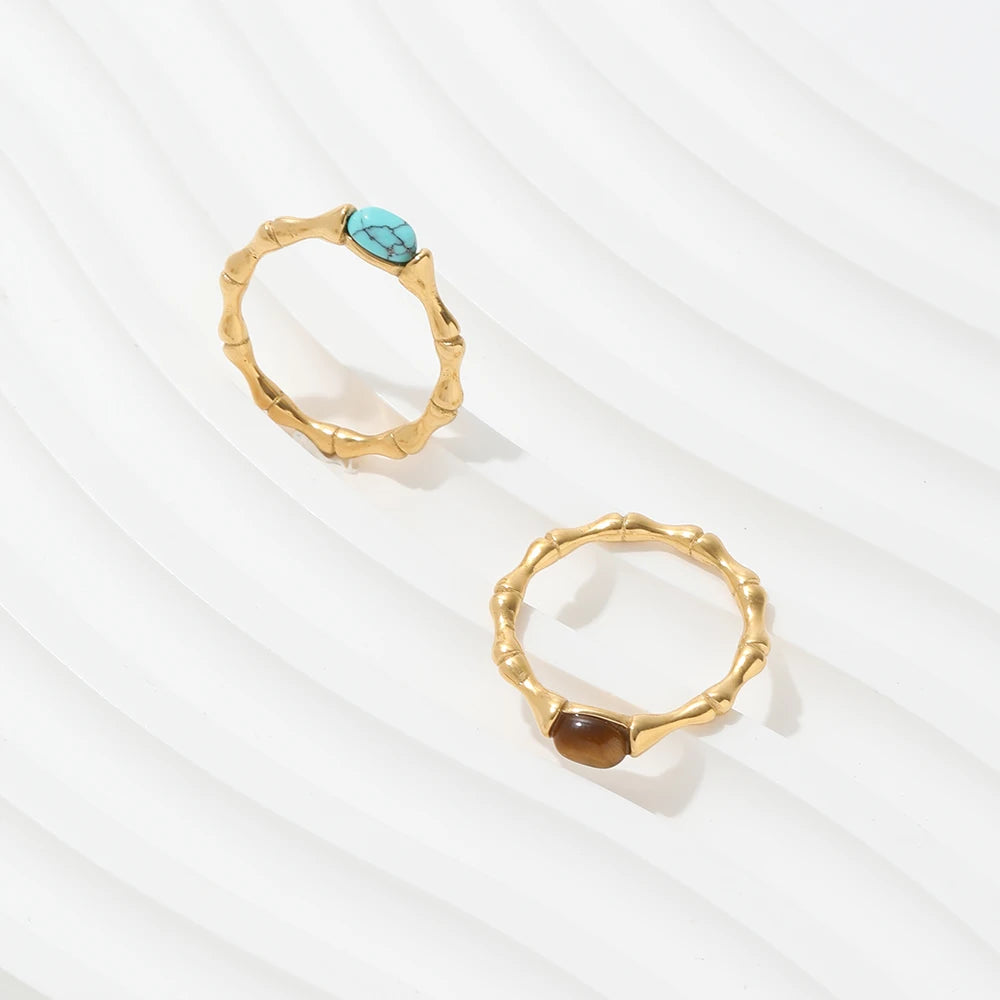 JLR0118 Joolim High End 18K Gold Plated Turquoise Tiger Eye Stone Thin Bamboo Stainless Steel Rings MegaBDM