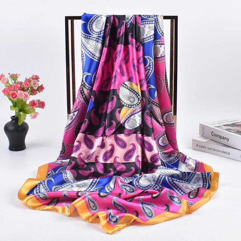 QL Factory New Cashew Pattern Printing Women 90 * 90cm Glossy Satin Silk Large Square Scarf Men's Neck Scarf Customization